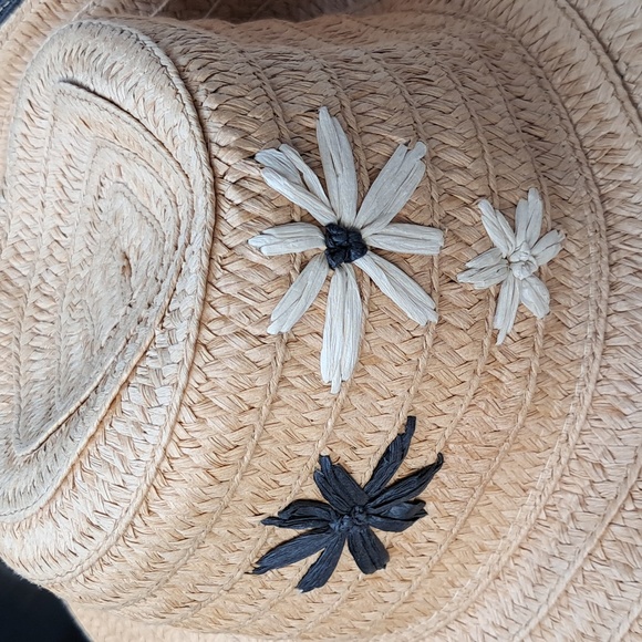 Stylish Boho Tan Floppy Straw Raffia Hat with Floral Accents Packable - Picture 3 of 8